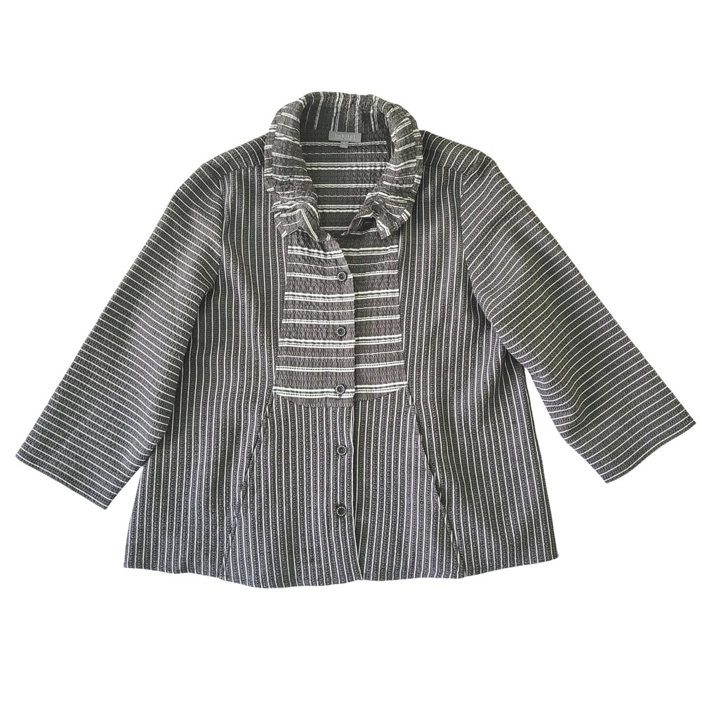 Habitat Gray Seersucker Striped Ruffle Collar Top Blouse Light Jacket Womens L